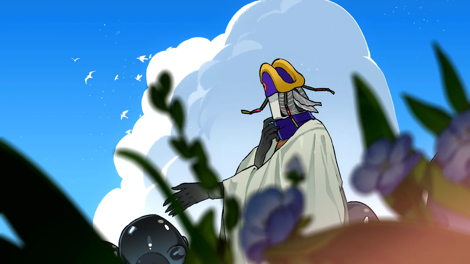 A robed figure standing under a towering cloud