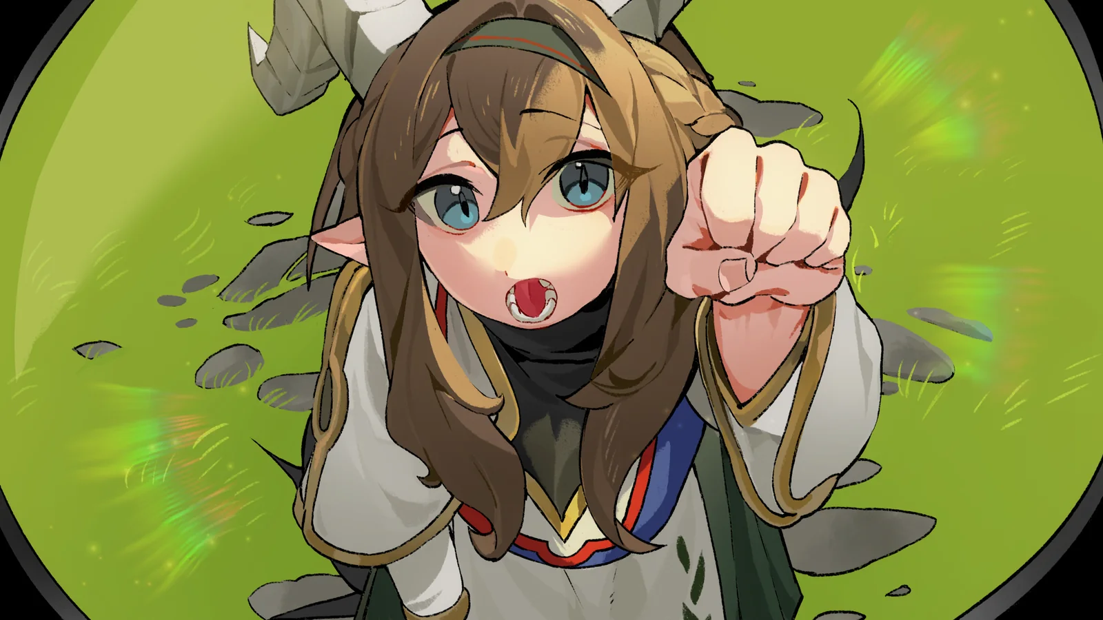 A beastfolk girl throwing a punch toward the viewer