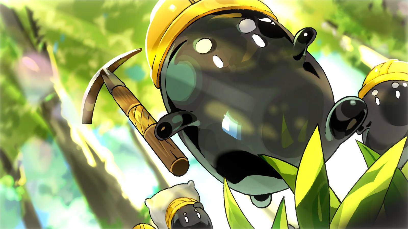 A group of Inky wearing miner helmets and carrying pickaxes