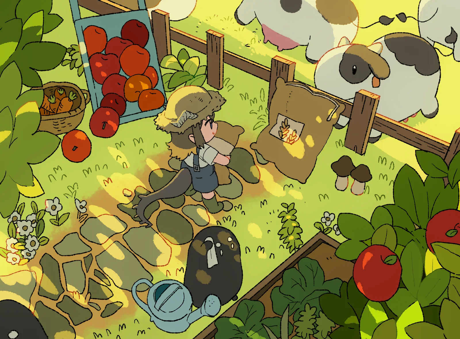 A beastfolk character walking between crop crates and livestock on the farm