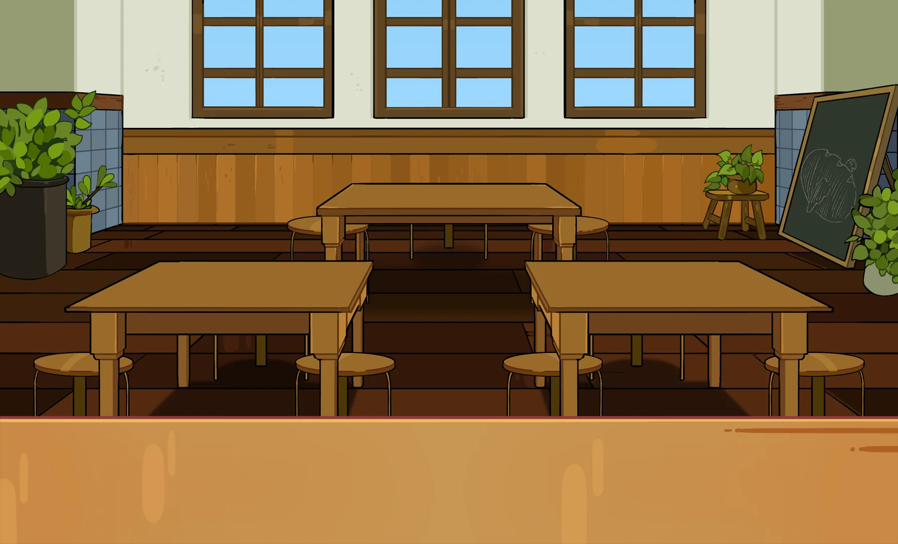 The restaurant floor set up for service, with wooden tables and a chalkboard menu