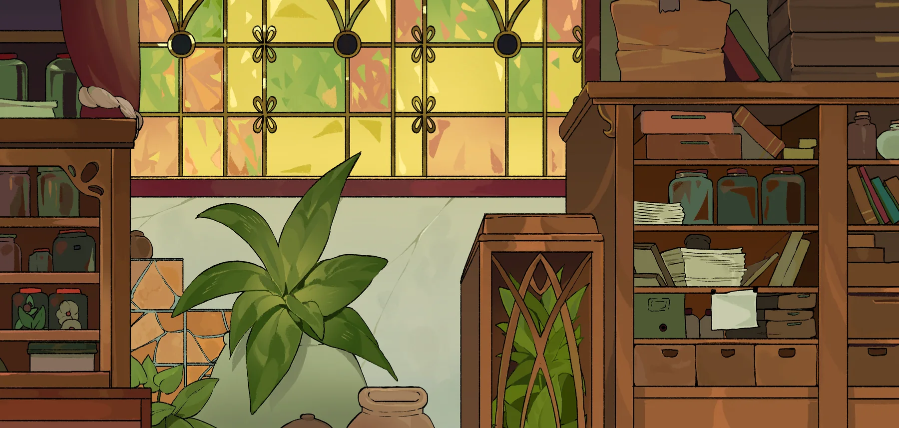A shop interior in Isidora lined with glass jars and wooden shelves